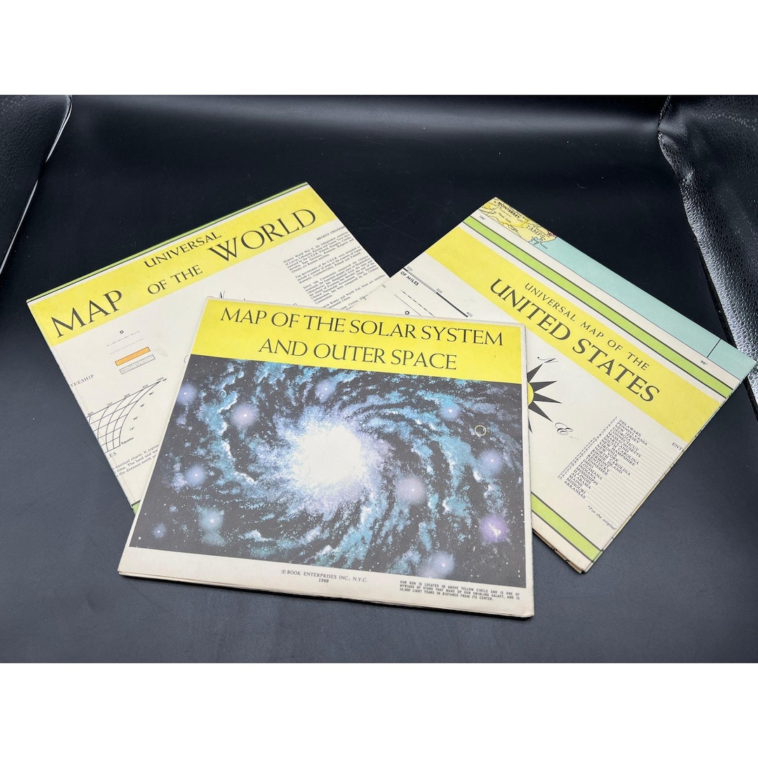 1960 Educational School Maps Solar System Map of the World and United ...
