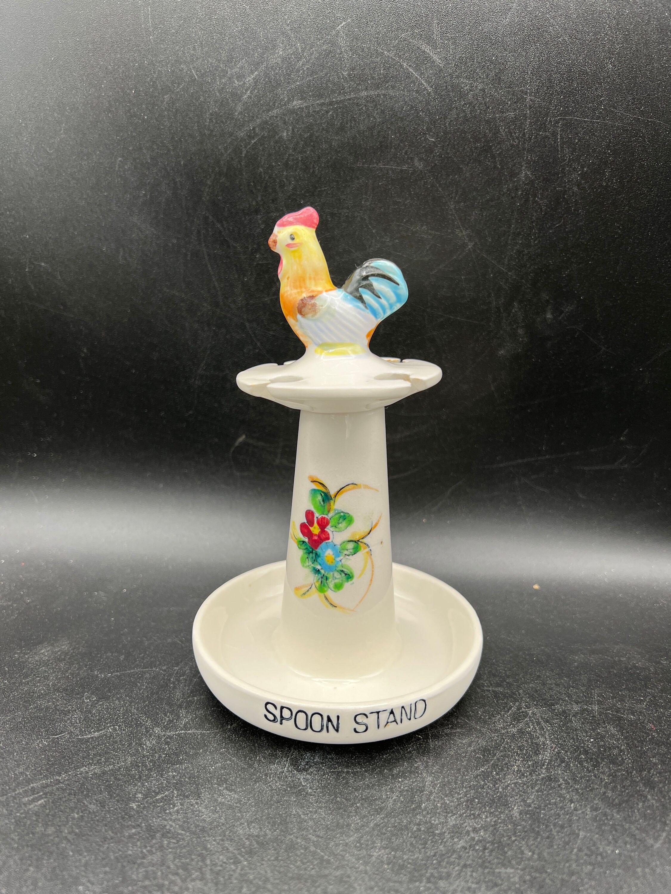 Vintage 6” Ceramic Rooster/Chicken Measuring Spoon Holder With