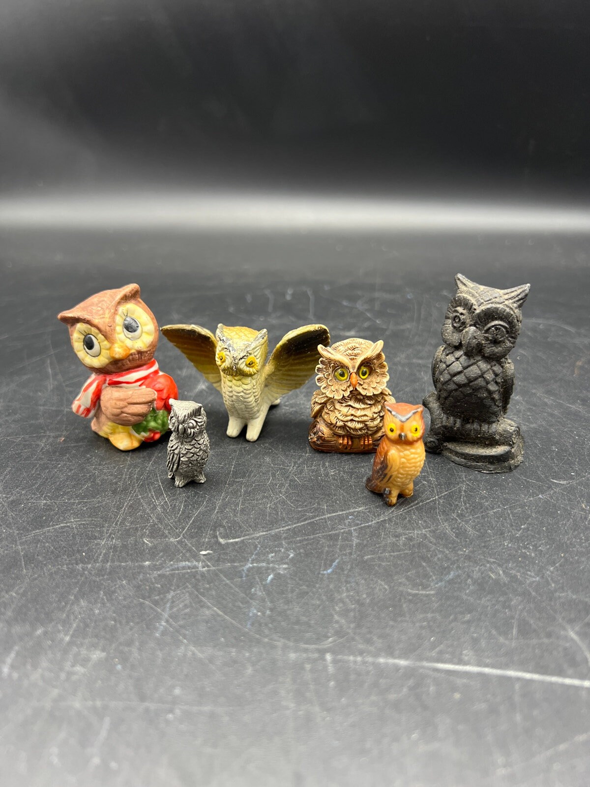 Set of 6 Miniature Owls Various Materials