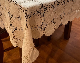 Vintage Handmade Crocheted Tablecloth Natural Color Beige