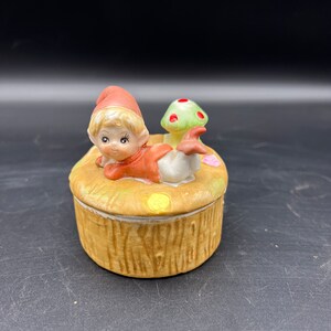 Vintage Pixie Elf on a Stump with a Mushroom Trinket Box Jar