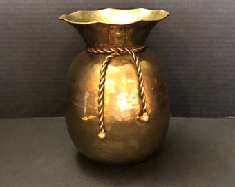 Hand Hammered Brass Vase Planter Urn with Brass Rope Accent Made in India