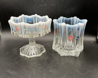 Fenton Vulcan Opalescent Dishes Set of 2 Hand Painted Enamel and Signed by Artist