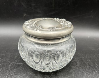 Victorian Heisey Glass Powder Jar with Ornate Silver Plate Lid