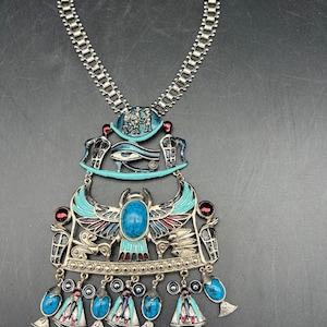 Vintage Signed Diorios Egyptian Revival Necklace Silver Tone and Enamel