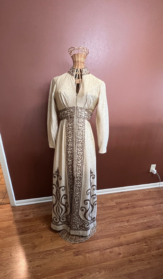 STUNNING MCM Gold Metallic Evening Gown with Brown