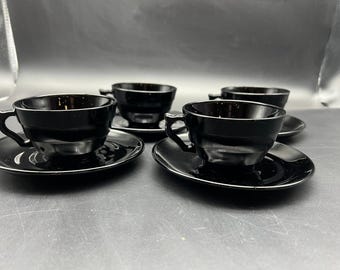 Black Depression Glass Art Deco Design 1930s 4 Teacups and Saucers