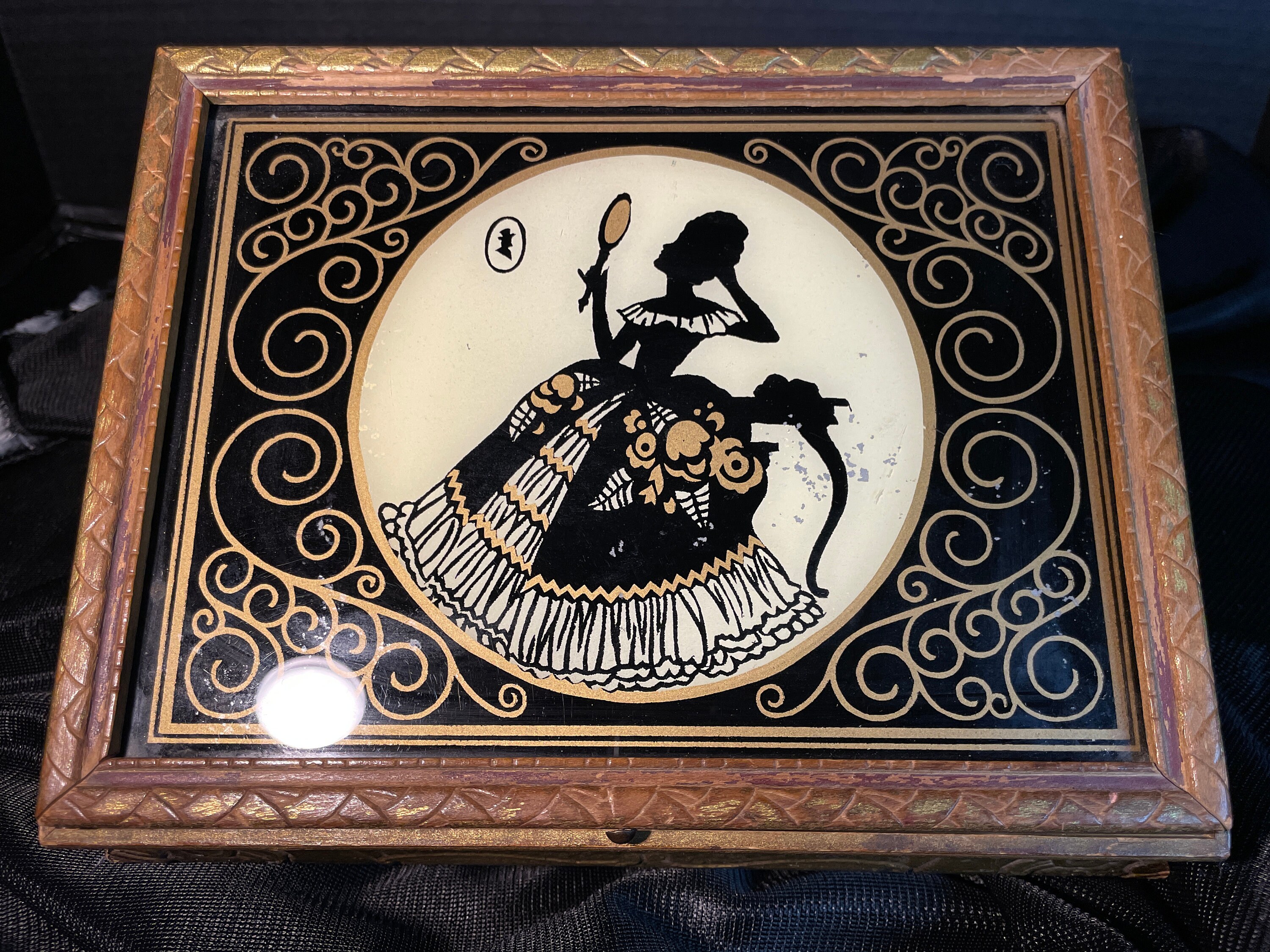 Victorian Style Wooden Jewelry Box With Reverse Painted Silhouette
