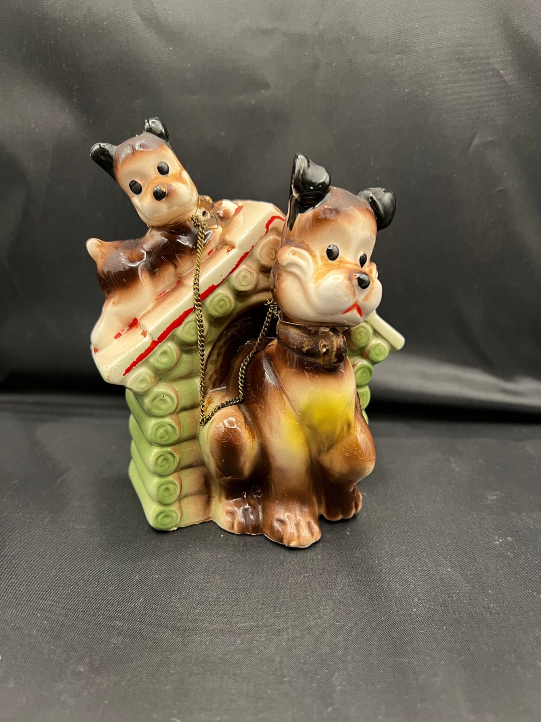 Ceramic Dog House Bank With Mother Dog and Puppy Chained Together Etsy