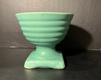 Vintage Early Brush McCoy Pottery 1930's Matte Green Ribbed Pedestal Planter