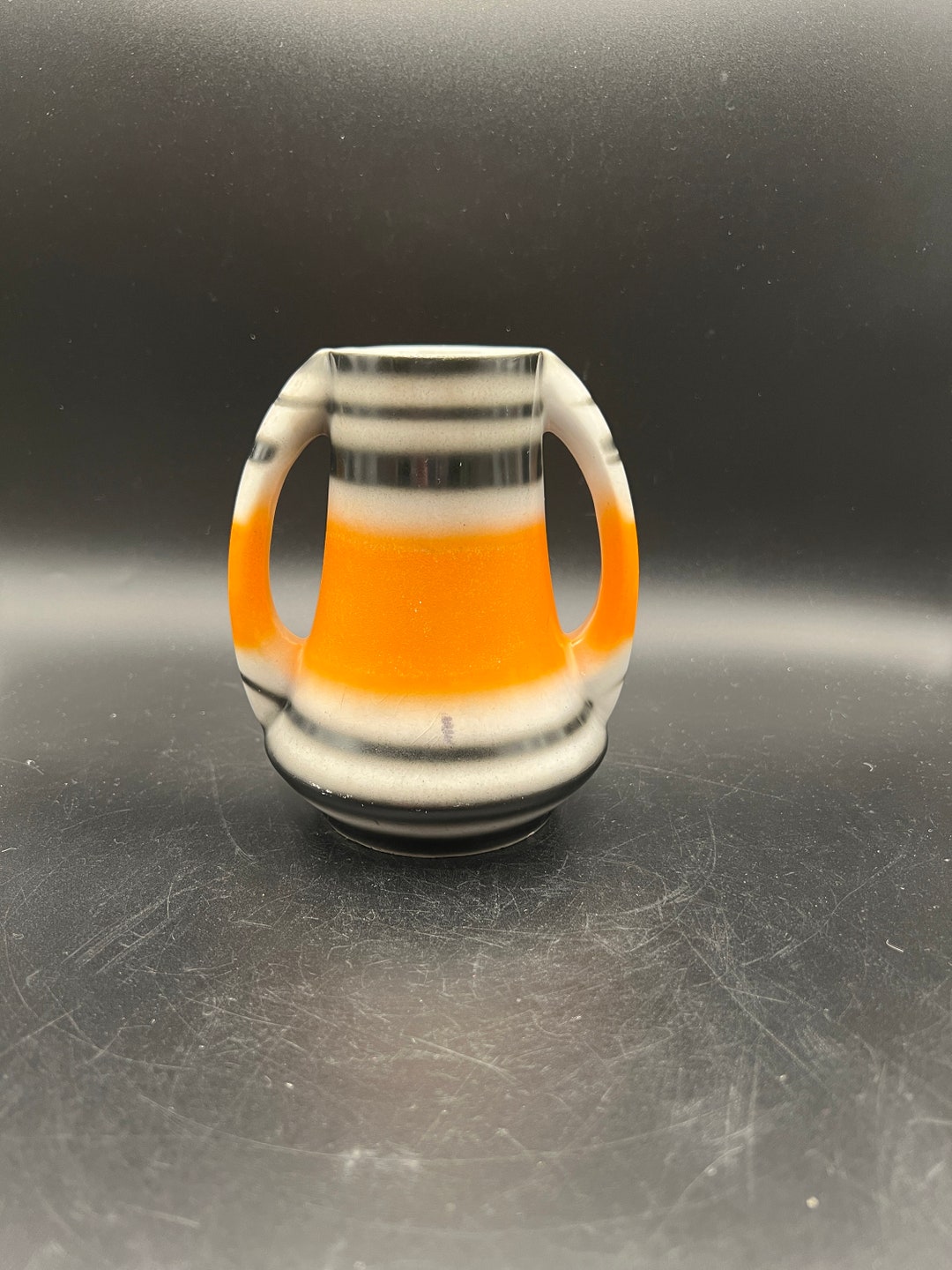 Vintage Czech Pottery 2 Handle Vase in White Orange and Black Perfect
