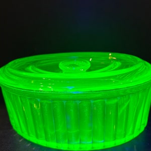 Depression Era 1930's Uranium Glass Oval Ribbed Refrigerator Dish with Lid