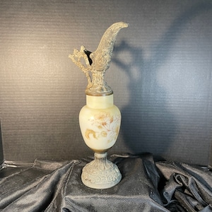 Antique Bristol Glass Hand Painted Ewer Pewter Zinc Shabby Cottage Farmhouse