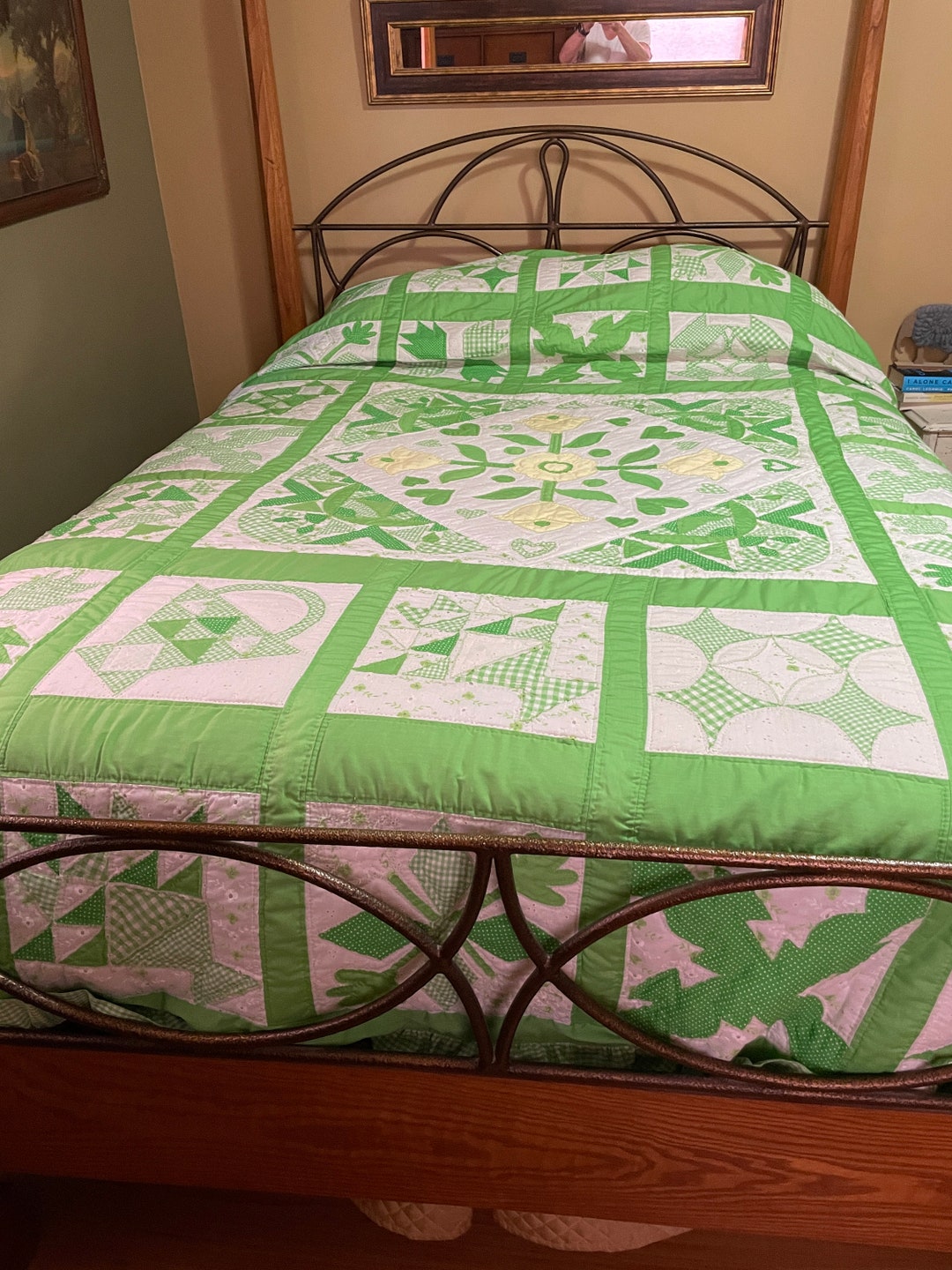 Lovely Green and Yellow Quilt Bedspread Hand and Machine Stitched Green
