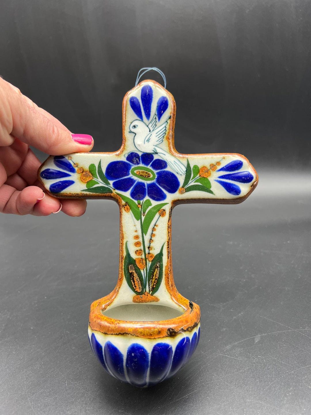 Mexican Clay Cross with doves & Holly Spirit, Water Fountain for Wall Hanging