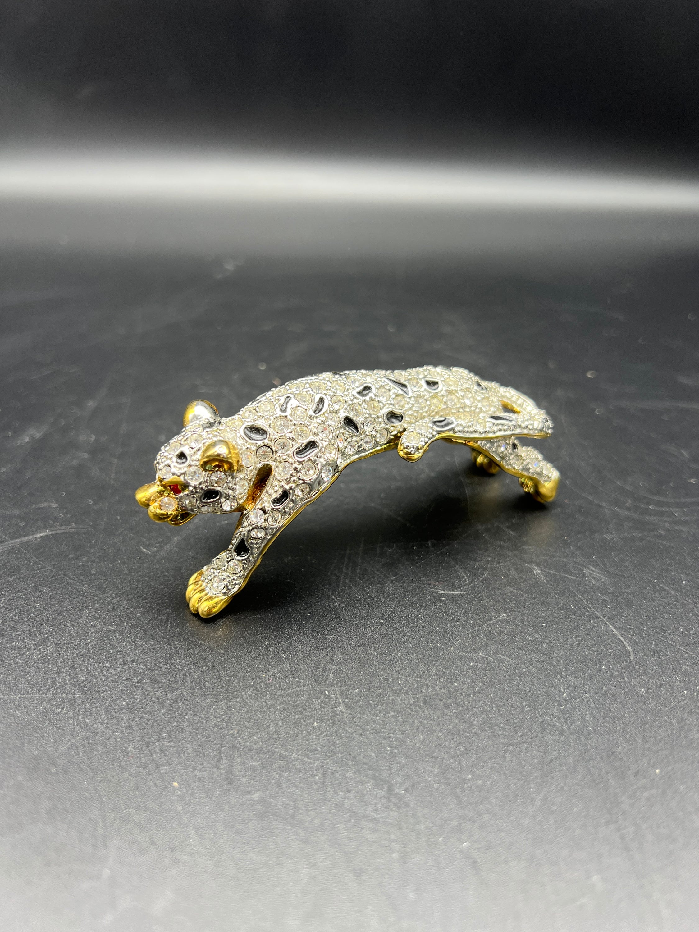 Snow Leopard Big Cat Rhinestone Black Enamel Gold Shoulder Pin Brooch ...