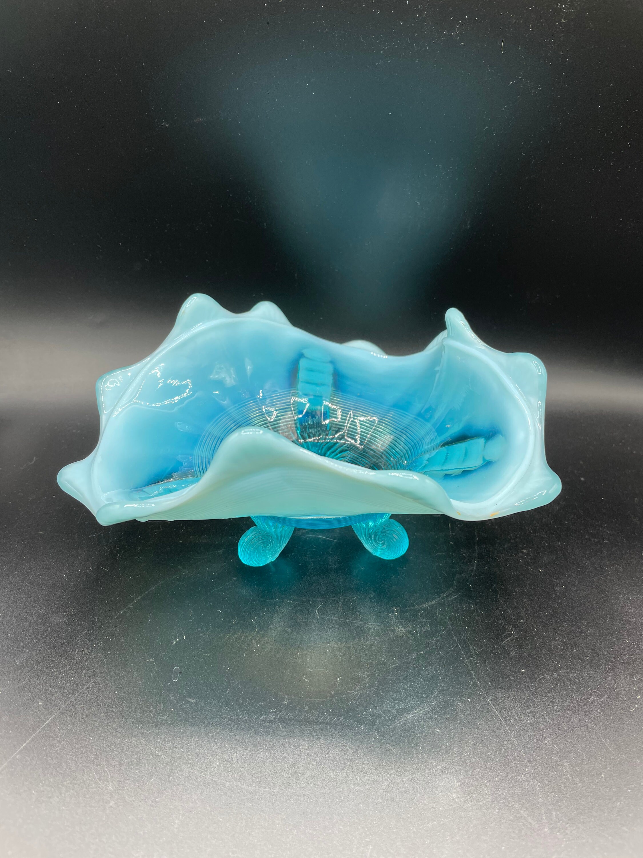 Northwood Glass Klondike Klondyke Blue Opalescent Footed Bowl