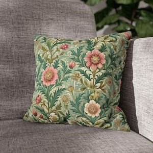 Rococo Floral Throw Pillow Cover Vintage Green Botanical Cushion Spun Polyester Square Pillowcase