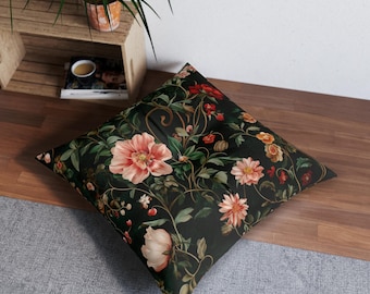 Renaissance Floral Tufted Floor Pillow, Square | Vintage Botanical Pattern