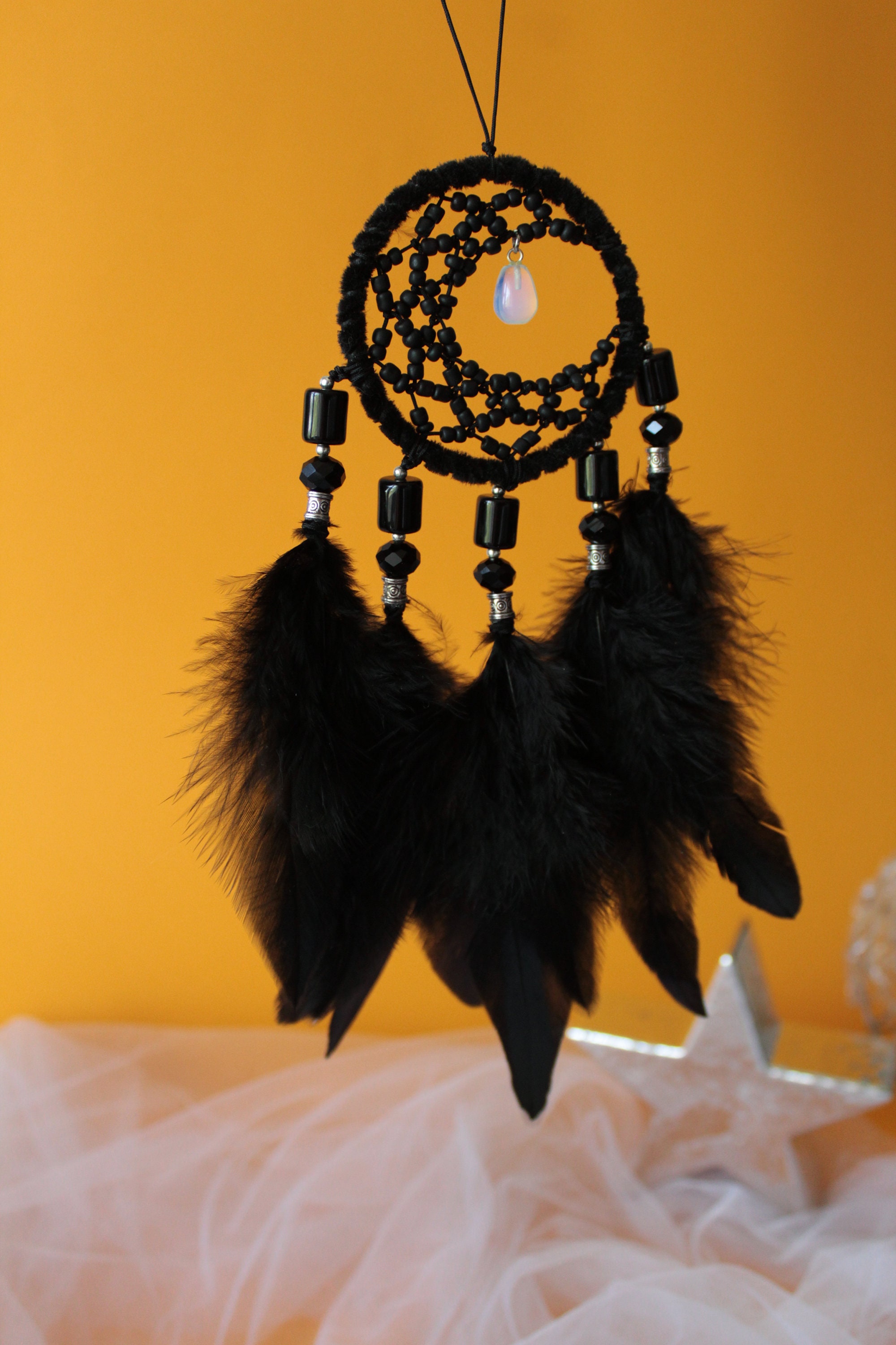 Black Crescent Moon Dream Catcher With Crystal Moonstone Etsy