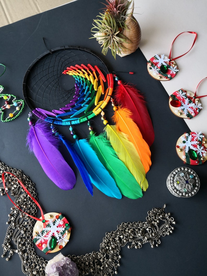 Rainbow Dream Catcher Colorful Handmade Traditional Feather Etsy 