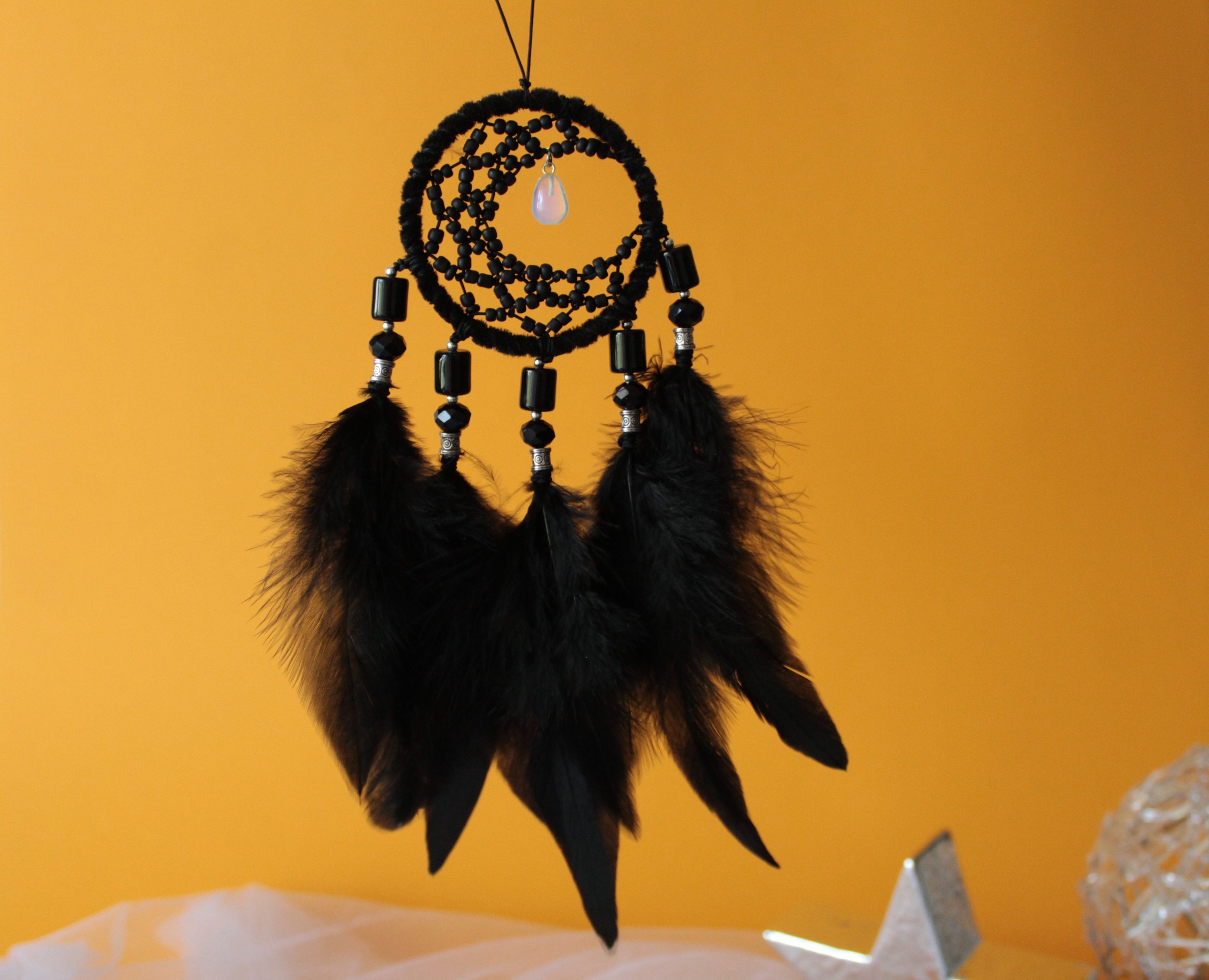 Black Crescent Moon Dream Catcher with Crystal moonstone Etsy