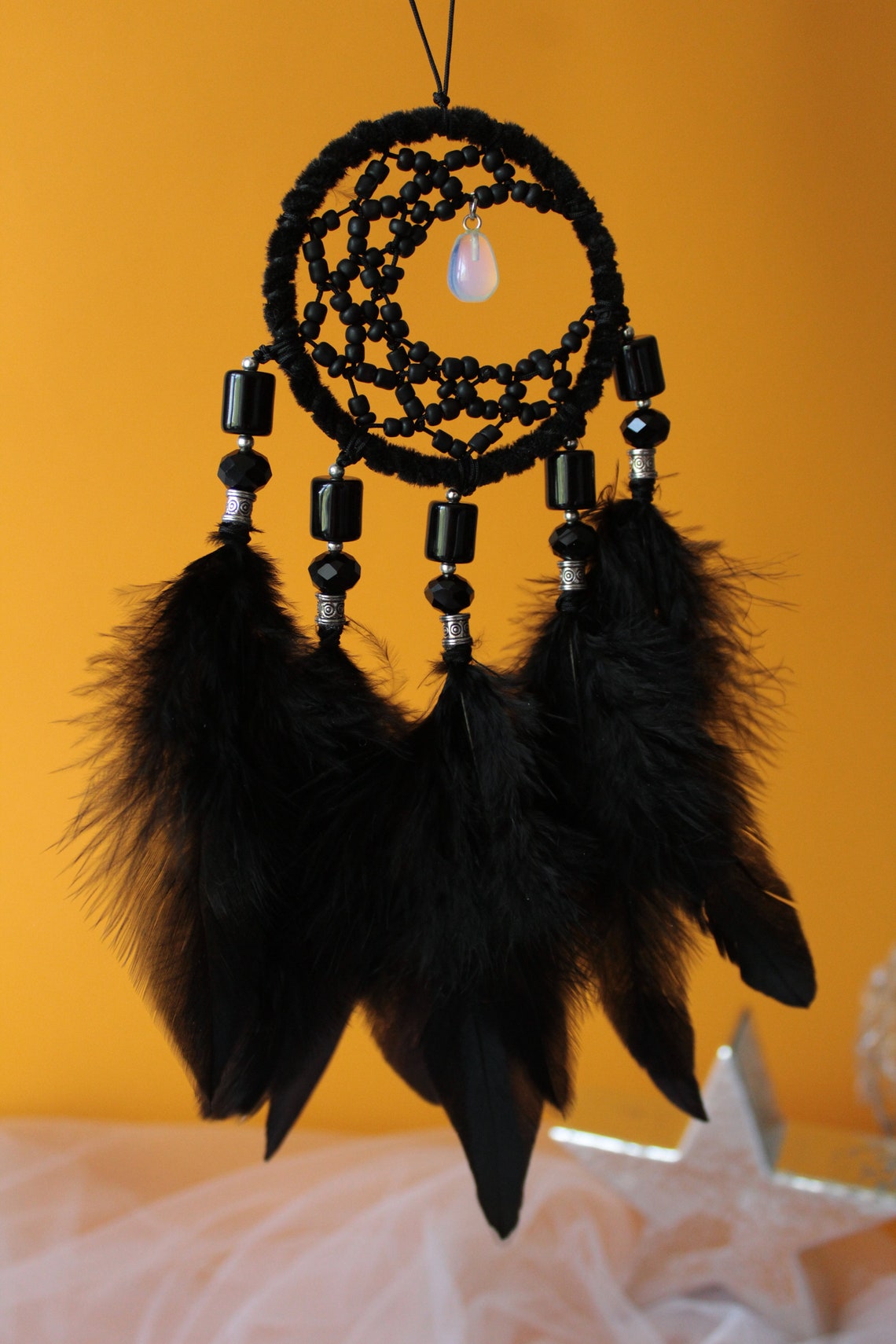 Black Crescent Moon Dream Catcher With Crystal Moonstone Etsy