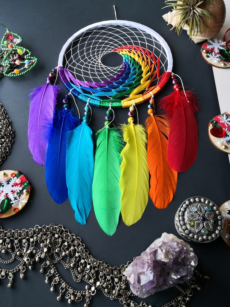 Rainbow Dream Catcher Colorful Handmade Traditional Feather Etsy