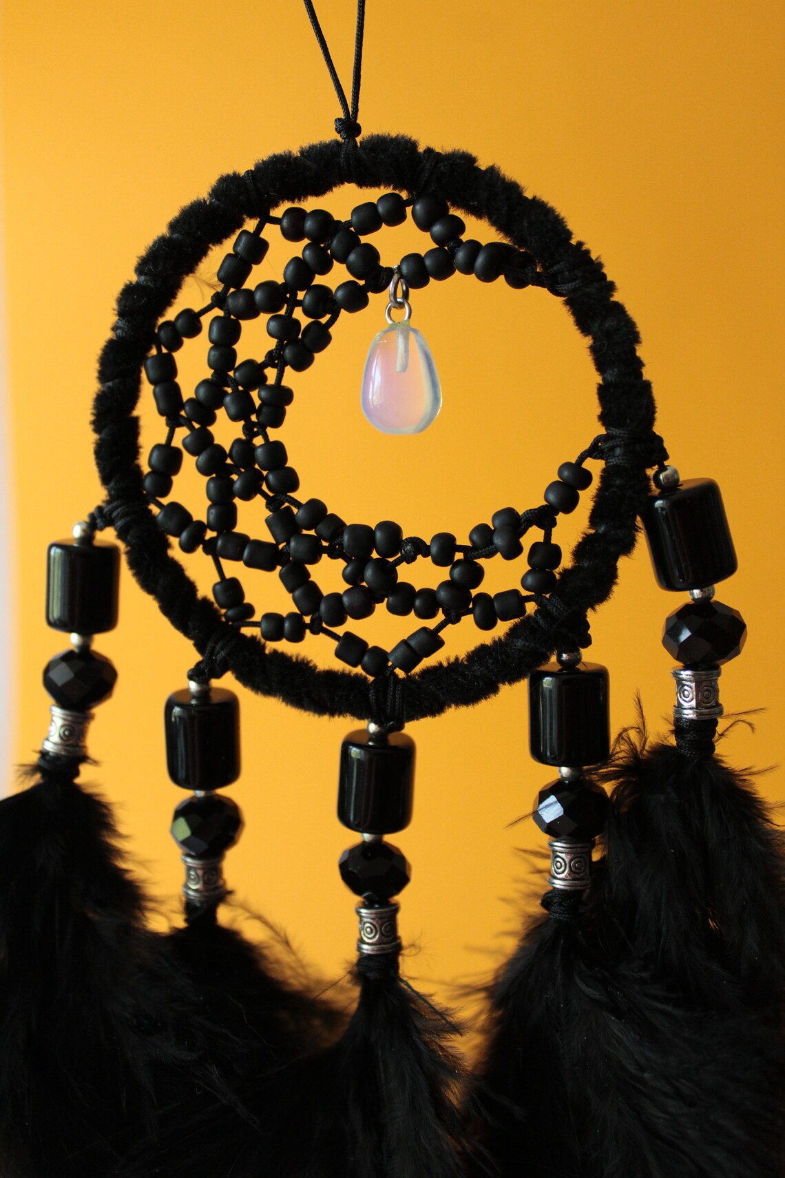 Black Crescent Moon Dream Catcher With Crystal Moonstone Etsy