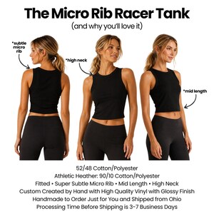 The image is a collage of three photos of a woman wearing a black tank top, with text providing information about the tank top.