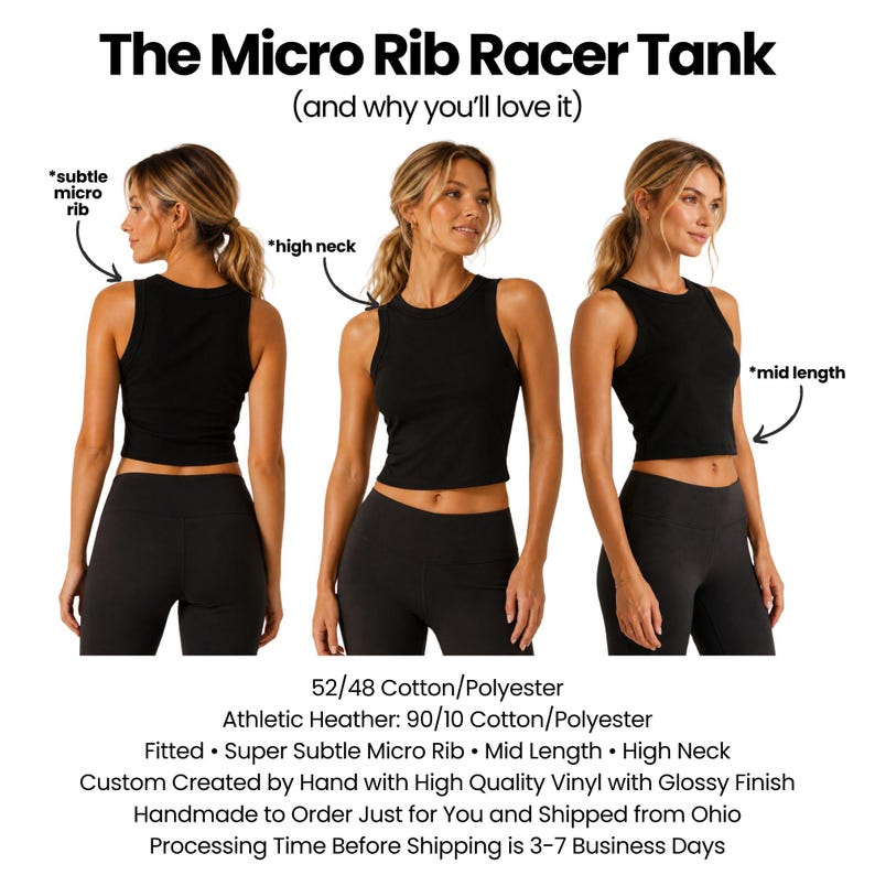 The image is a collage of three photos of a woman wearing a black tank top, with text providing information about the tank top.