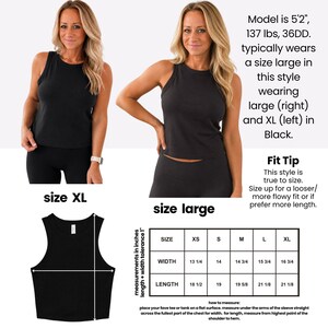 The image is a collage of two photos of a woman wearing a black tank top and black shorts, along with a size chart and a fit tip for the tank top.