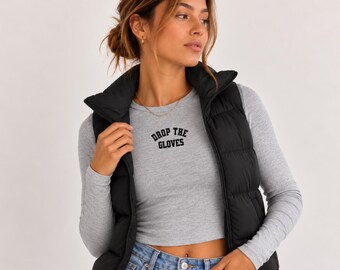 Drop the Gloves Baby Tee - Women's Fitted Long Sleeve Hockey Shirt, Game Day Outfit