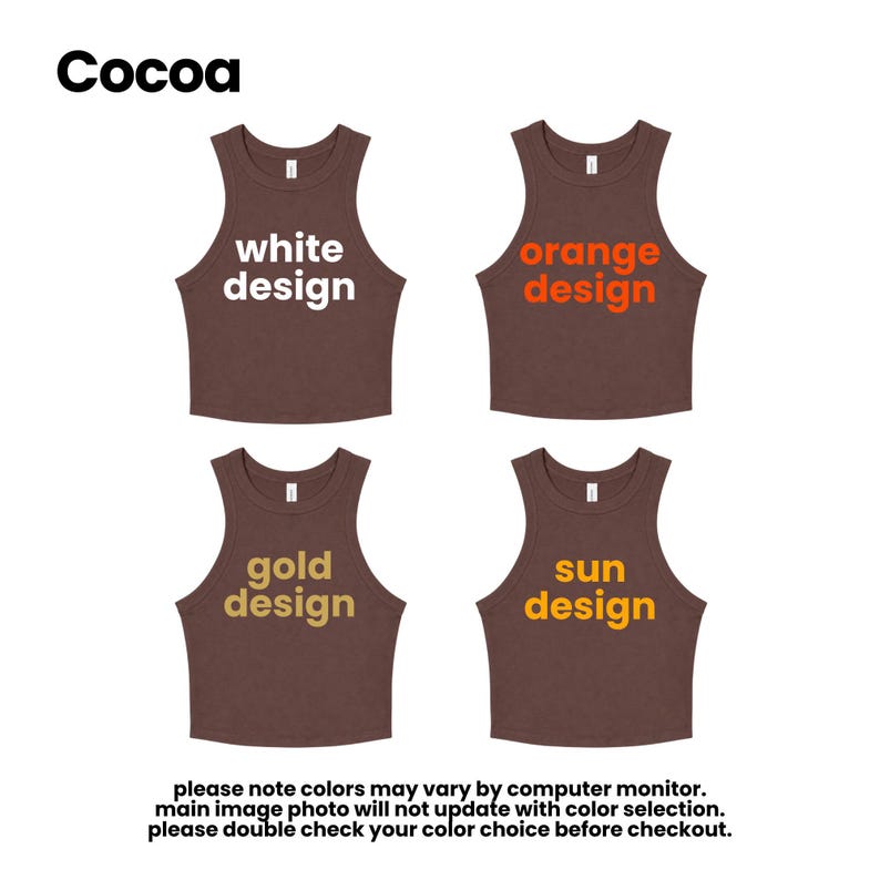Cocoa, white design, orange design, gold design, sun design