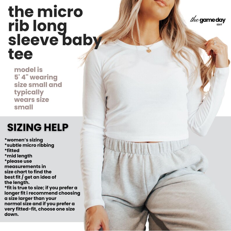 The image is a promotional graphic for a micro long sleeve baby tee. It features a woman wearing the shirt and is accompanied by text providing information about the size and fit of the shirt.