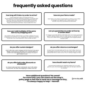 a collection of frequently asked questions about the shopping experience, including inquiries about delivery times, custom designs, returns, and washing instructions. The questions are designed to provide helpful information to customers, and the responses are brief and to the point.
