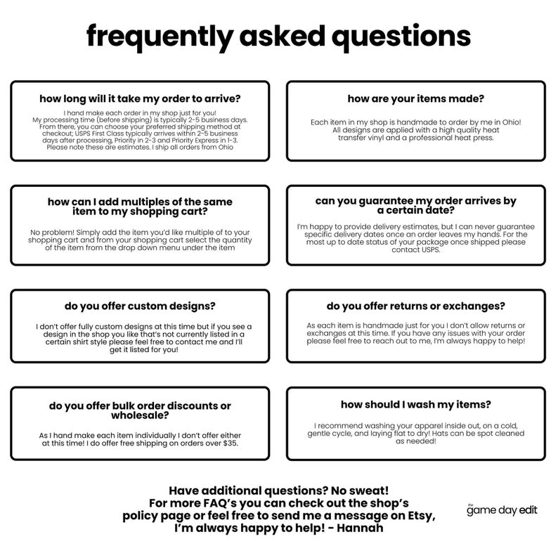 a collection of frequently asked questions about the shopping experience, including inquiries about delivery times, custom designs, returns, and washing instructions. The questions are designed to provide helpful information to customers, and the responses are brief and to the point.