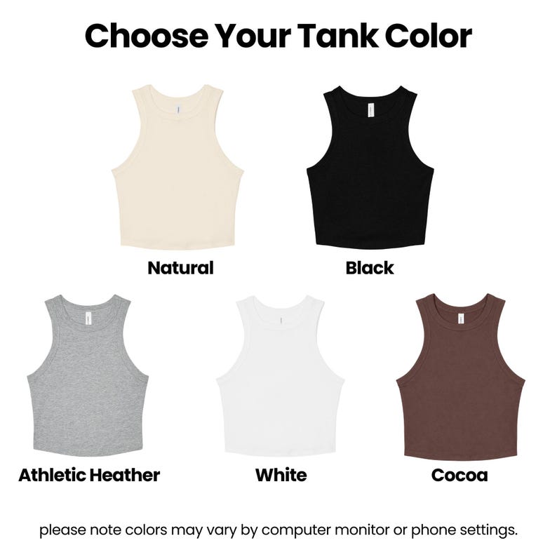 a collection of tank tops in various colors, including natural, black, athletic heater, white, cocoa, and athletic heater. The tank tops are arranged in a row, allowing the viewer to easily compare the different colors and styles.