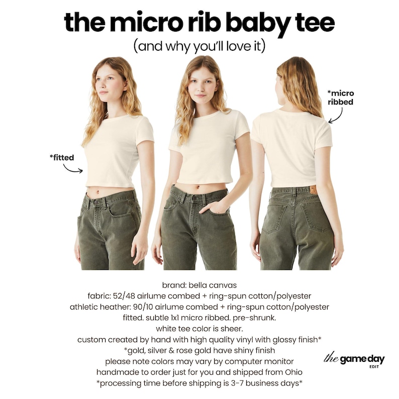 The image is a collage of three photos featuring a woman wearing a white micro rib baby tee. The woman is shown from the front, back, and side, with the front photo showing her torso and the side photo showing her back. The collage is titled "the micro rib baby tee" and includes text that describes the fabric, brand, and features of the shirt.