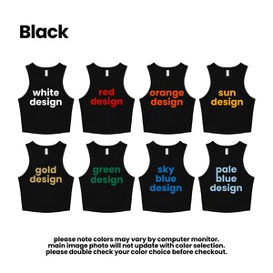 a collection of black tank tops with different color designs, including white, red, orange, sun, gold, green, sky blue, and pale blue.