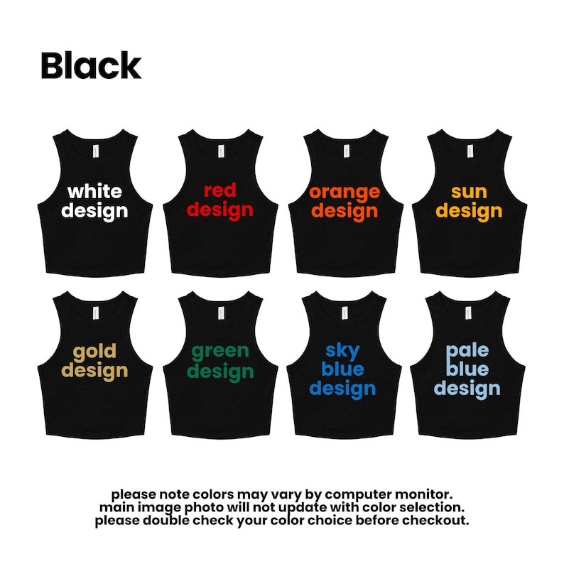 a collection of black tank tops with different color designs, including white, red, orange, sun, gold, green, sky blue, and pale blue.