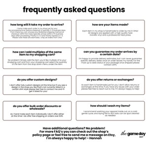a series of frequently asked questions about the online shopping experience, including inquiries about the time it takes to receive an order, the quality of items made, how to add multiple items to a shopping cart, the availability of custom designs, returns and exchanges, and washing instructions for apparel.