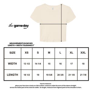 a white t-shirt with measurements in inches and widths, along with a table that provides the corresponding measurements and corresponding sleeve length.