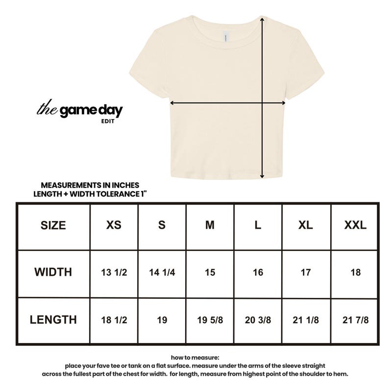 a white t-shirt with measurements in inches and widths, along with a table that provides the corresponding measurements and corresponding sleeve length.