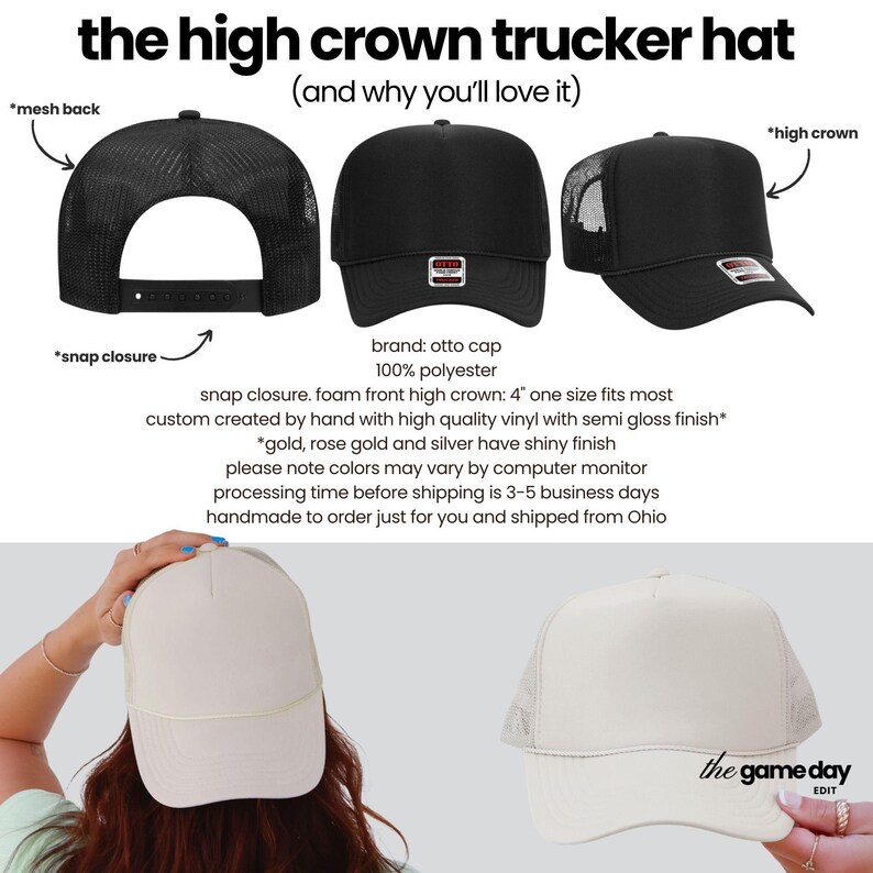 The image is a collage of three photos showing the high crown trucker hat in different styles, including a mesh back, a high crown cap, and a snap closure. The caption describes the hat's features, such as the 100% polyester 100% one-size fits most custom made by hand with high-quality vinyl with gold, rose, and silver finish, and the note that colors may vary by computer monitor processing time before shipping.