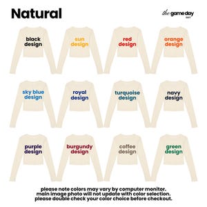 The image is a collage of 12 different color designs of long-sleeved tops, each with a unique color and design. The colors include black, red, orange, sky blue, royal, turquoise, navy, purple, burgundy, coffee, and green. The text indicates that the colors may vary by computer monitor, and the main image photo will not update with color selection. It also advises to double-check the color choice before checkout.