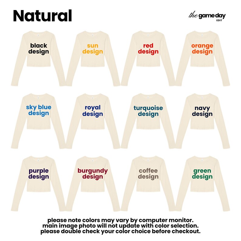 The image is a collage of 12 different color designs of long-sleeved tops, each with a unique color and design. The colors include black, red, orange, sky blue, royal, turquoise, navy, purple, burgundy, coffee, and green. The text indicates that the colors may vary by computer monitor, and the main image photo will not update with color selection. It also advises to double-check the color choice before checkout.