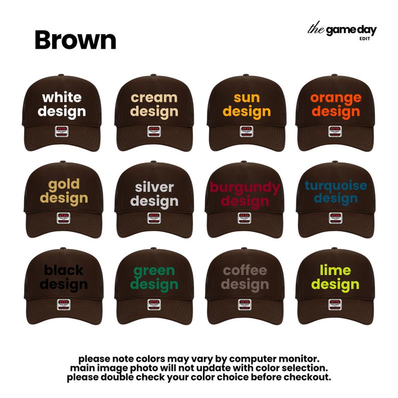 a collection of brown baseball caps in various colors, including white, cream, sun, orange, gold, silver, burgundy, turquoise, black, green, coffee, and lime.