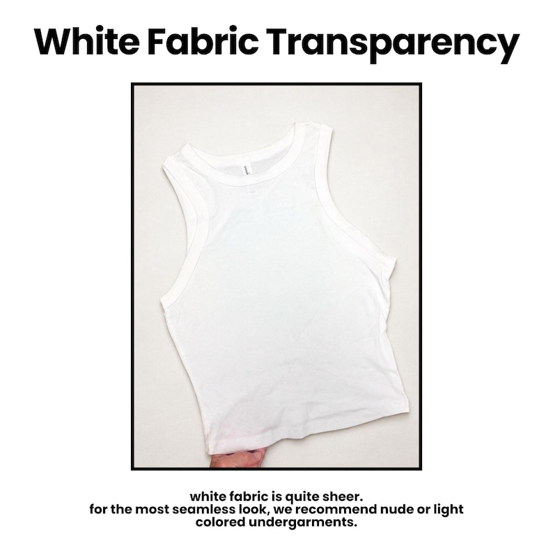a white fabric tank top, which appears to be made of a sheer, white fabric. The text above the image reads "White Fabric Transparentcy", and below the image, there is a description that states "white fabric is quite sheer. For the most seamless look, we recommend nude or light colored undergarments."