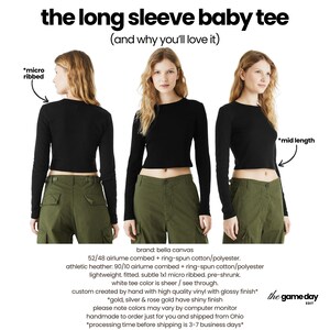 The image is a collage of three photos featuring a woman wearing a long sleeve baby tee. The woman is wearing a black top and green cargo pants. The collage includes three different views of the woman, with the first photo showing her from the back, the second photo showing her from the side, and the third photo showing her from the front.